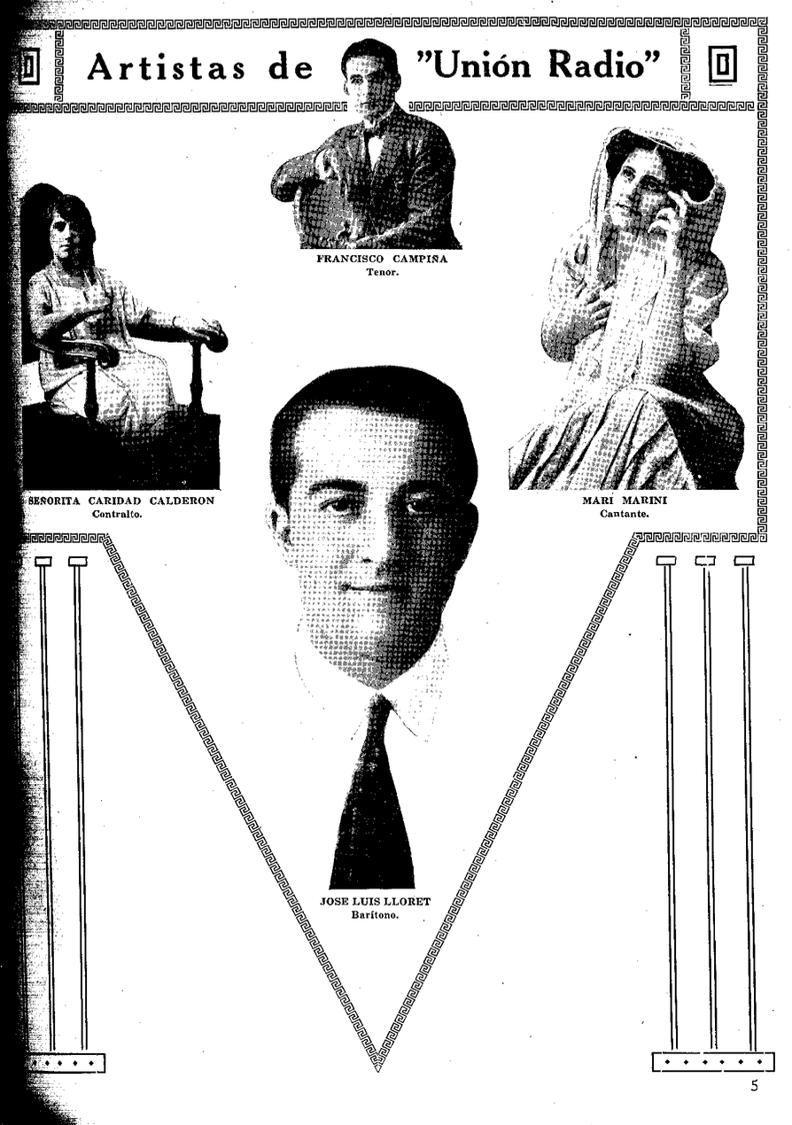 Francisco Campila, tenor, Mari Marini, Caridad Calderón, cantante, Caridad Calderón, contralto, Luis Lloret, barítono