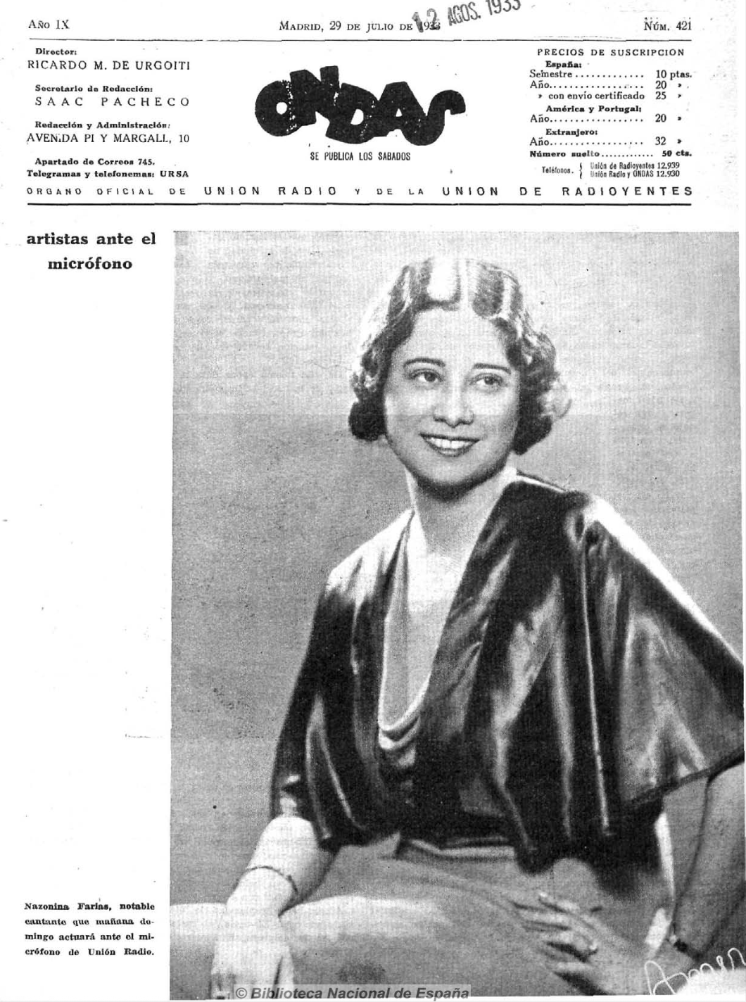 Nazonina Farias, cantante en Portada