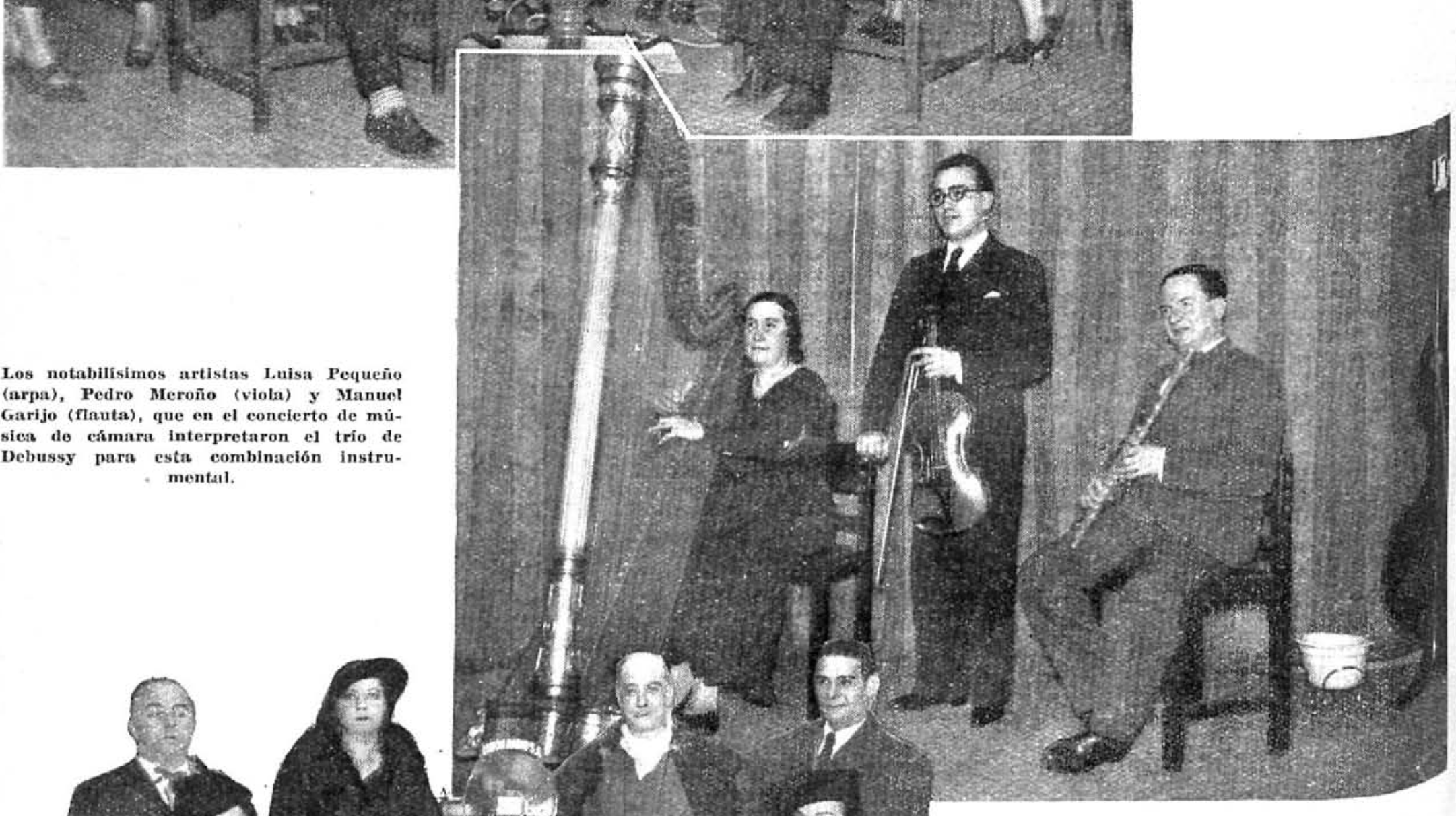 Luisa Pequeño, arpa, Pedro Meroño, viola, Manuel Garijo, flauta