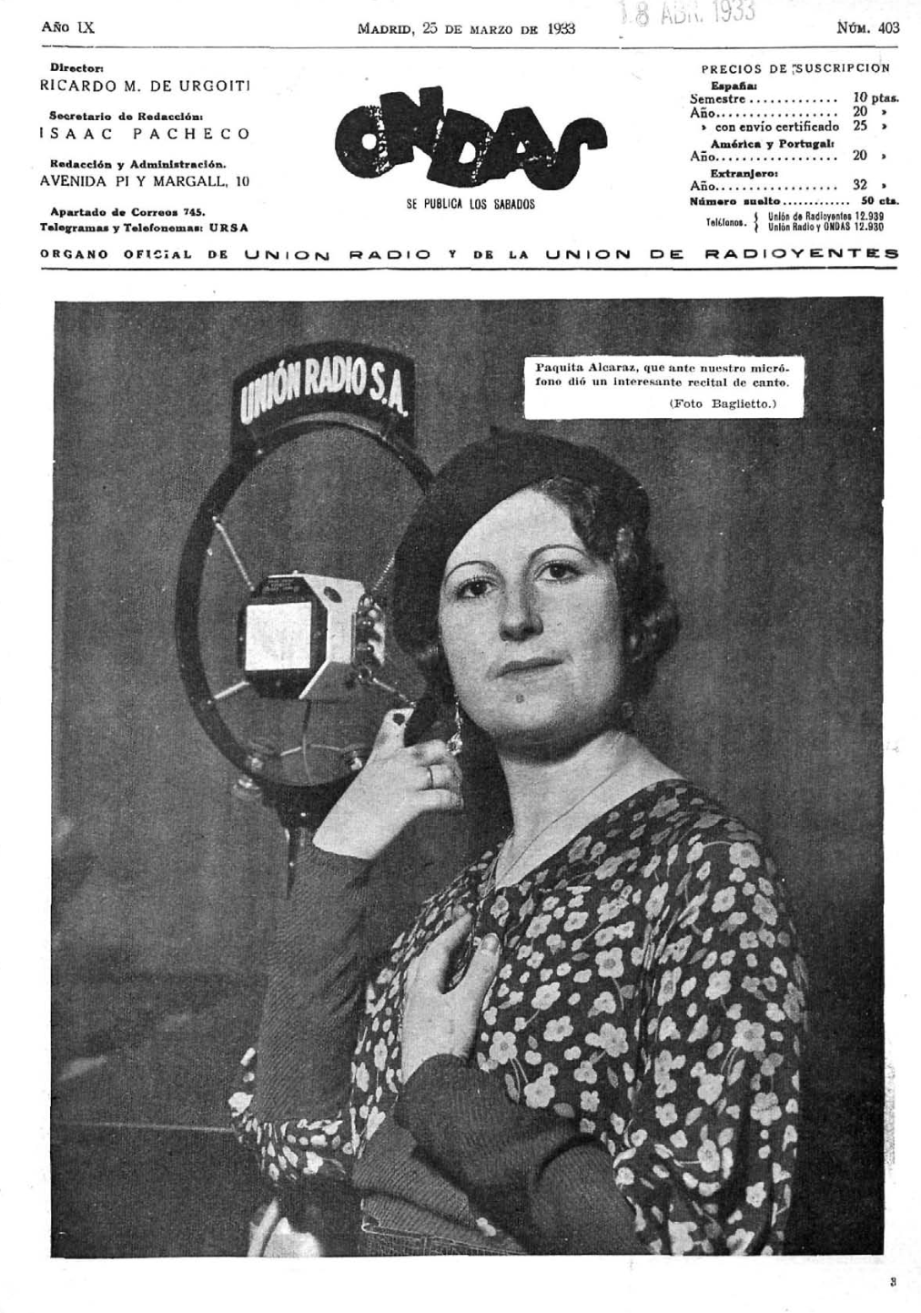 Paquita Alcaraz en portada de Ondas, 1933