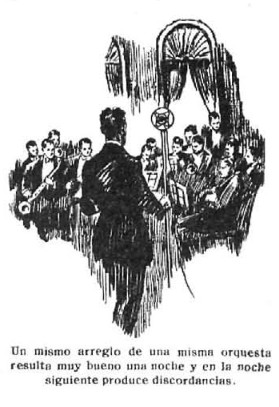Director ante su orquesta con micrófono, ilustración, 1927